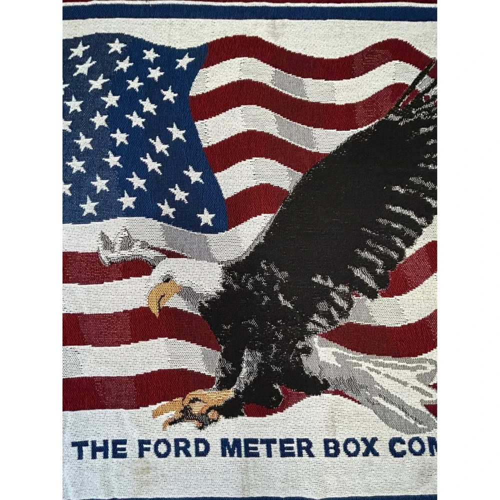 Vintage Ford‎ Meter Box Company Eagle American Flag Woven Tapestry Throw Blanket